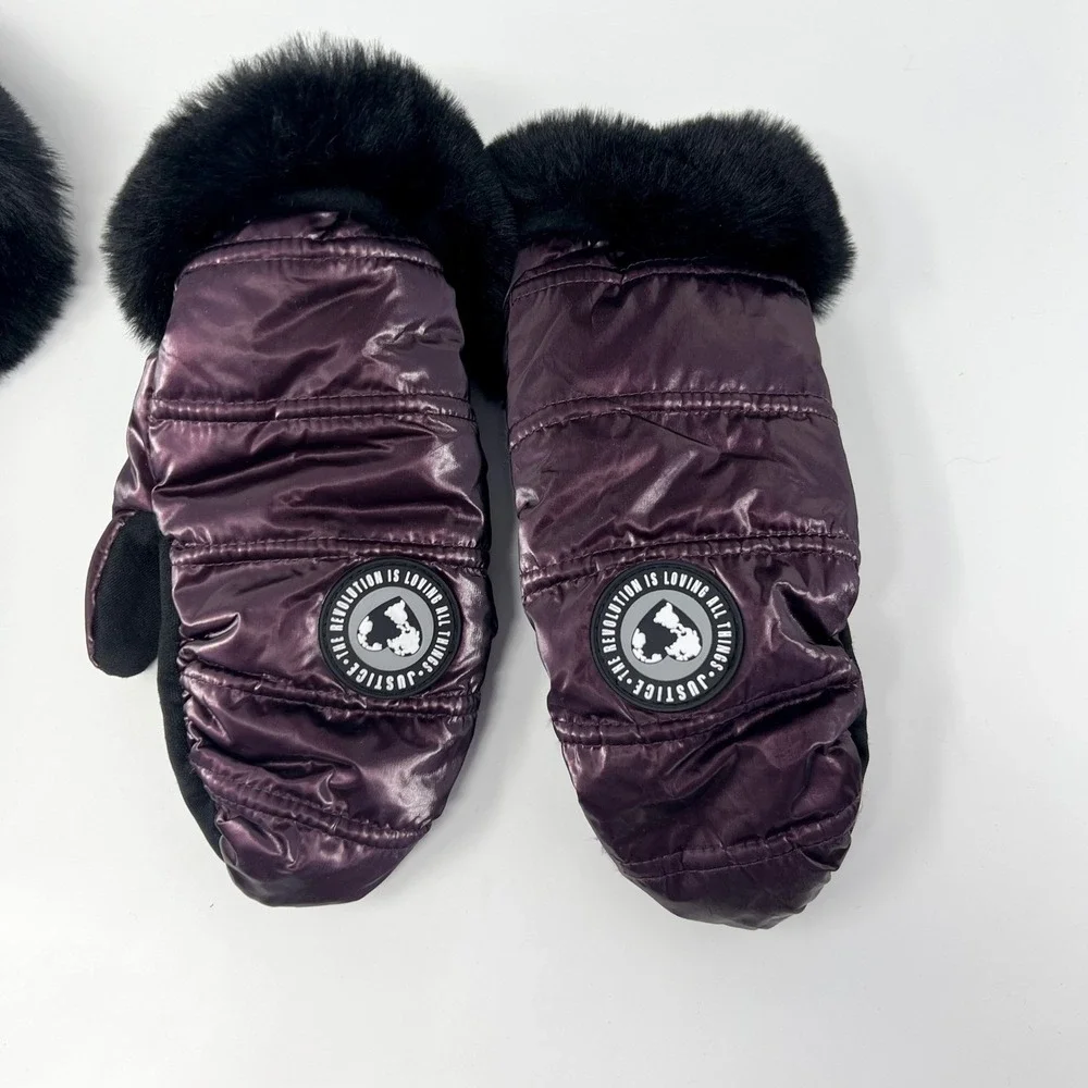 Justice Girls Metallic Purple Quilted Trapper Hat and‎ Mittens Set Faux Fur Trim